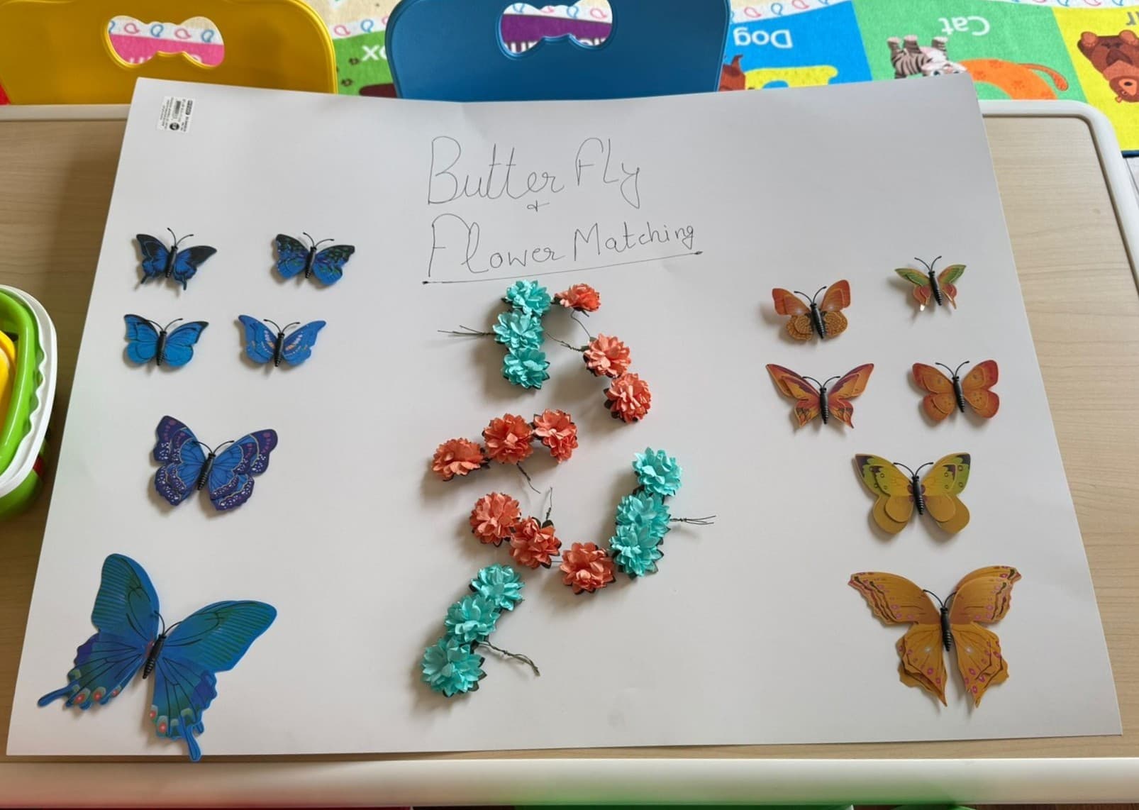 Butterfly matching activity laid out for children